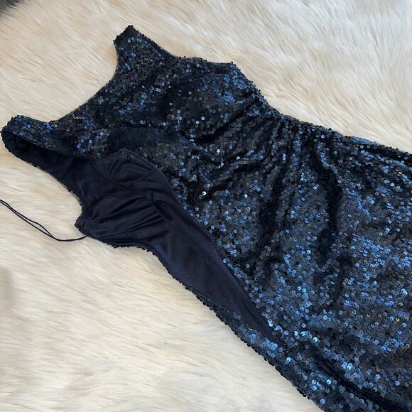 Adrianna Papell Sequin Sleeveless Scoop Back Gown Sparkle Maxi Dress Navy Blue - Picture 9 of 15